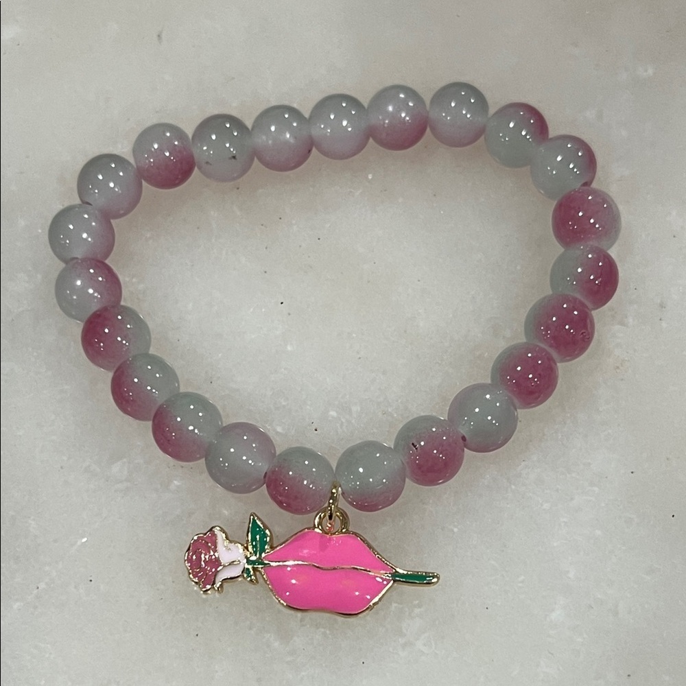 Chic Pink and Gray Beaded Bracelet with Lip Charm